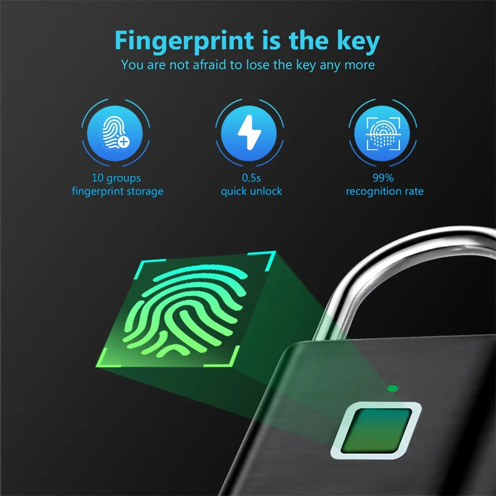 Fingerprint Lock Keyless USB Charging Smart Padlock Waterproof Door Lock 0.2Sec Unlock Portable Anti-Theft Padlock Zinc