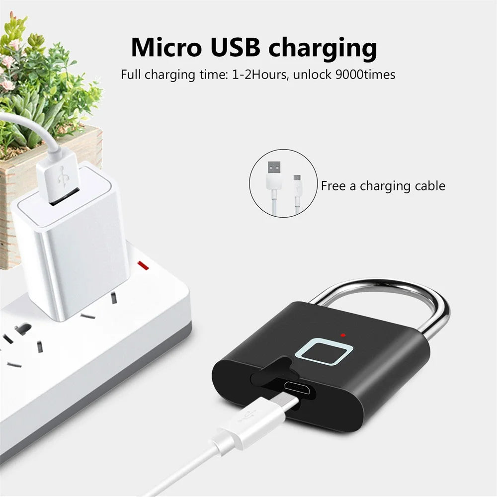 Fingerprint Lock Keyless USB Charging Smart Padlock Waterproof Door Lock 0.2Sec Unlock Portable Anti-Theft Padlock Zinc