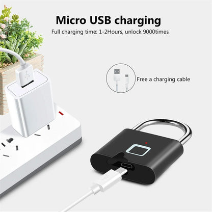 Fingerprint Lock Keyless USB Charging Smart Padlock Waterproof Door Lock 0.2Sec Unlock Portable Anti-Theft Padlock Zinc