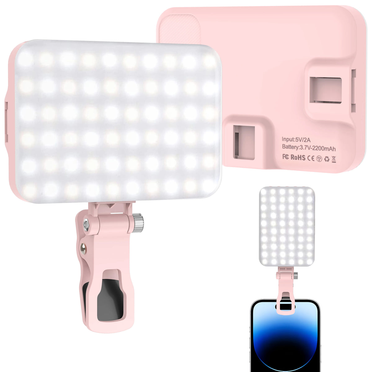 LED Selfie Light 60 High Power Rechargeable Clip Fill Video Light for Phone Ipad with Front & Back Clip Adjusted 3 Light Modes