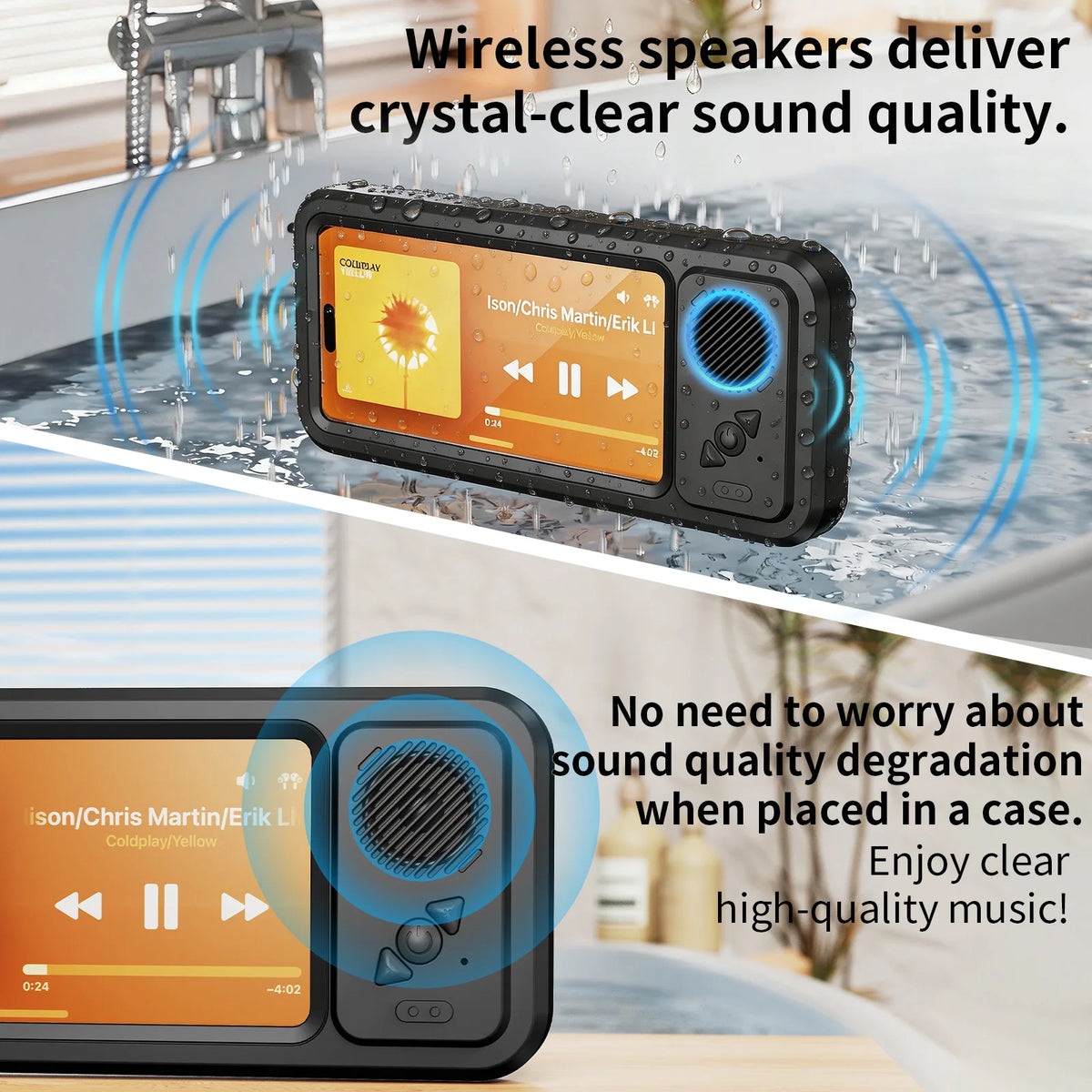 Eary Shower Phone Holder with Wireless Bluetooth Speaker Waterproof Shower Phone Case Wall Mounted Stand for Bathroom Mirror