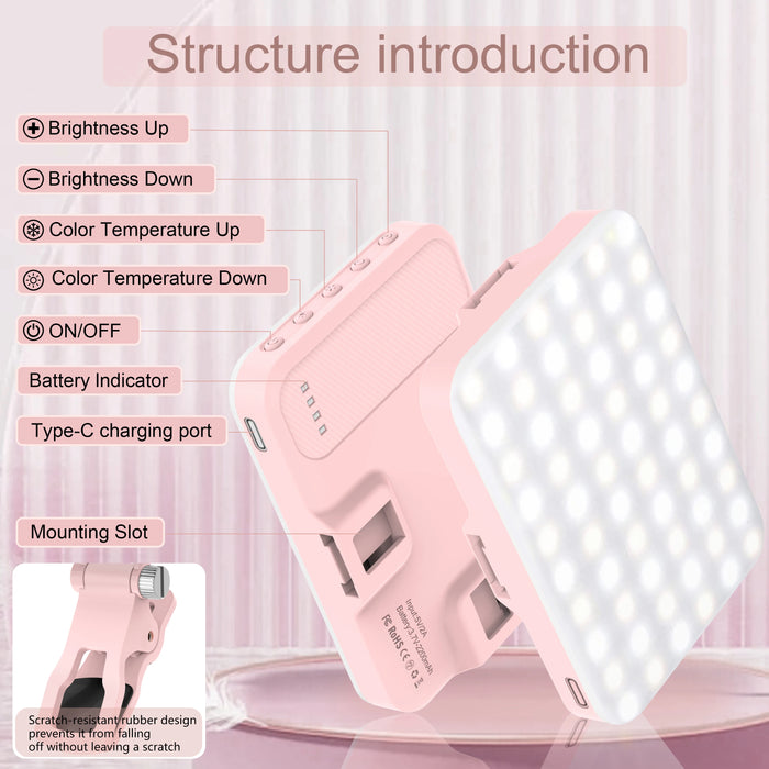 LED Selfie Light 60 High Power Rechargeable Clip Fill Video Light for Phone Ipad with Front & Back Clip Adjusted 3 Light Modes