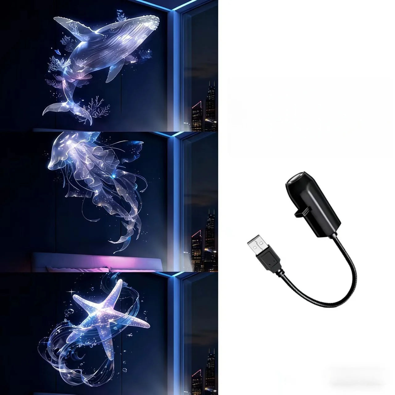 3/6Pcs Projection Patterns LED USB Projector Light Adjustable Whale Butterfly Jellyfish Starfish Night Light Festival Gift