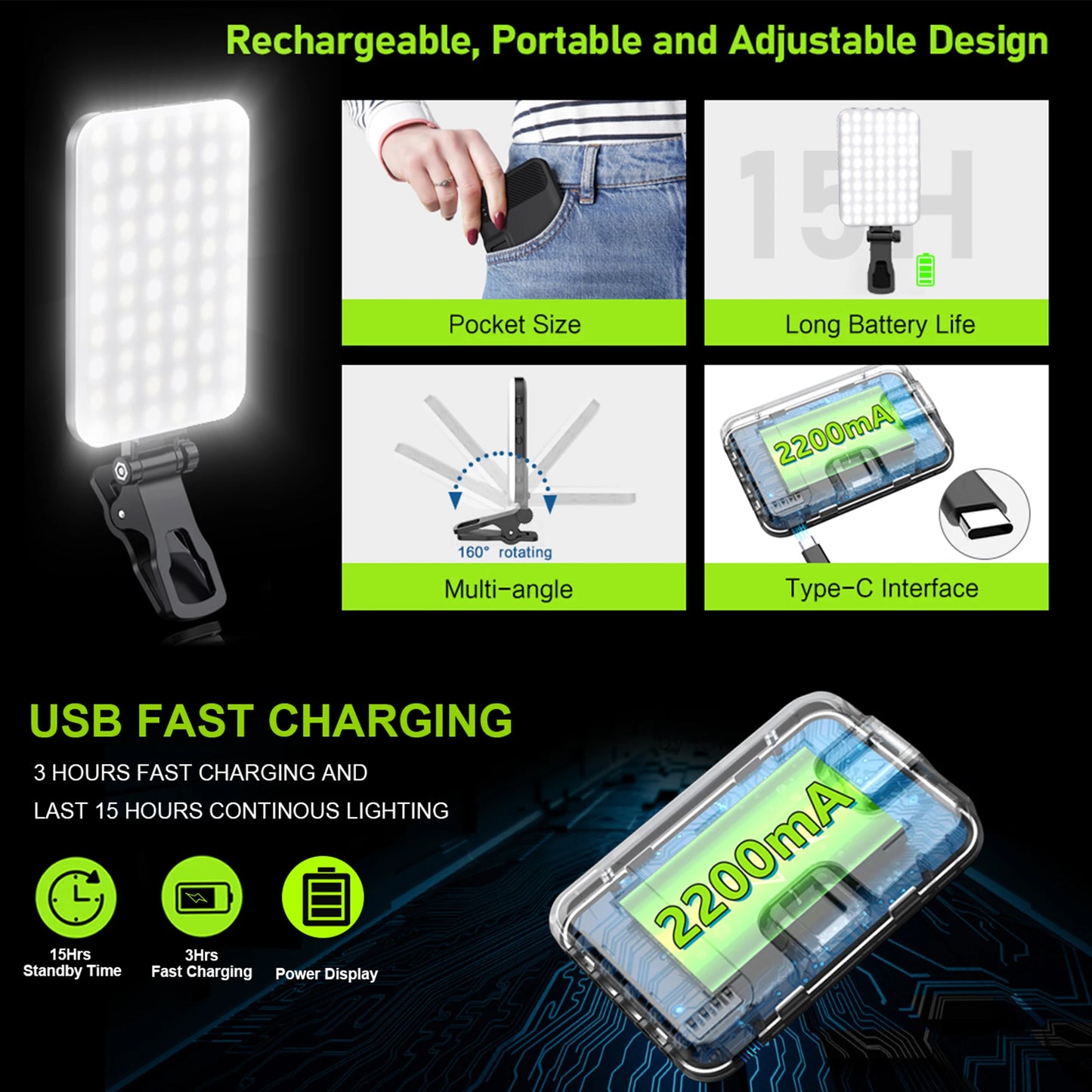 LED Selfie Light 60 High Power Rechargeable Clip Fill Video Light for Phone Ipad with Front & Back Clip Adjusted 3 Light Modes
