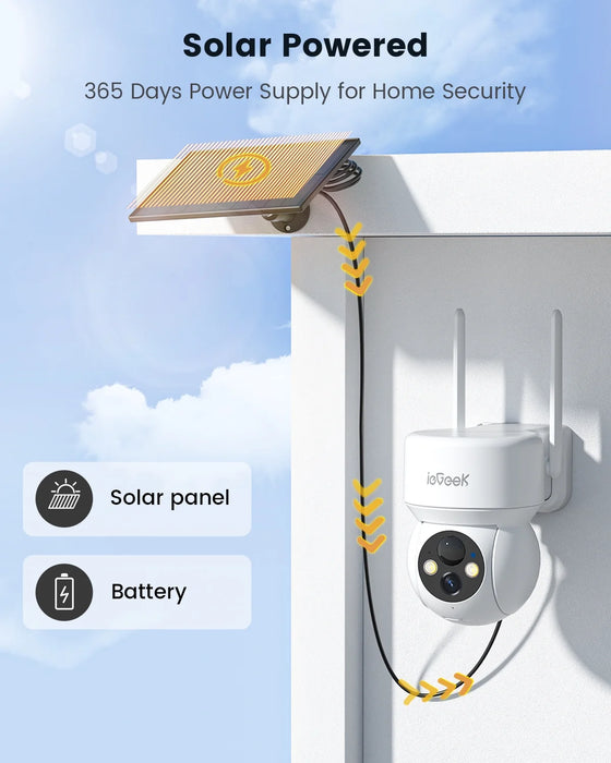 Security Cameras Wireless Outdoor, 2K Wifi Solar Camera for Home Surveillance, 360 View PTZ, Battery Powered, Color Night Vision, Motion Sensor