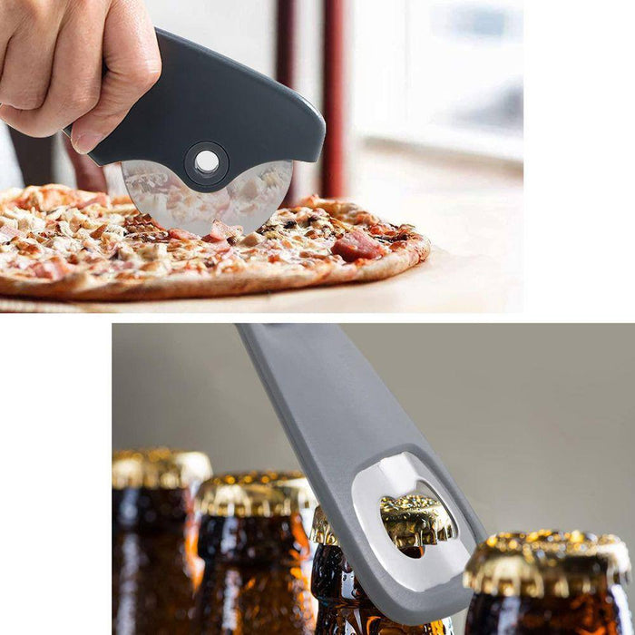 Black & White 5-Piece Pizza Accessory Set with Grater, Peeler, Cutter, Opener & Burlap Bag