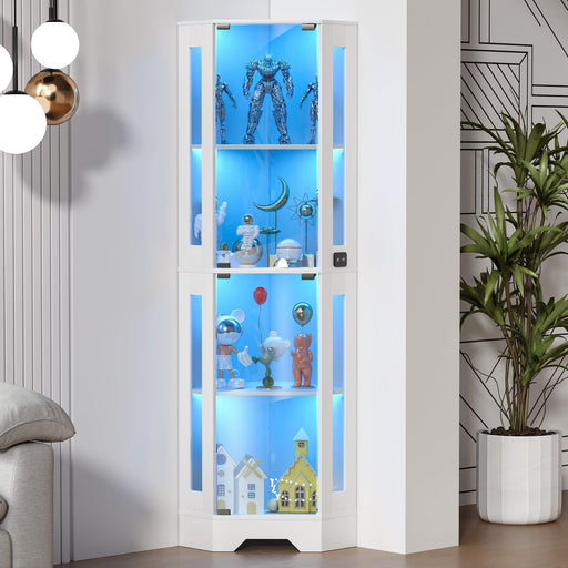65" Corner Display Cabinet with LED Lights 4 Tier, White, Curio Cabinet with Motion Sensor Lighting & Glass Doors for Collectibles, Easy Assembly Shelves