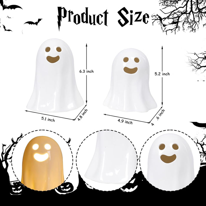 Ceramic Halloween Decor, 2 Pack Light up Ghost Figures Set, Spooky Halloween Indoor Decorations Statue Sculpture for Props Home Tabletop Decorations