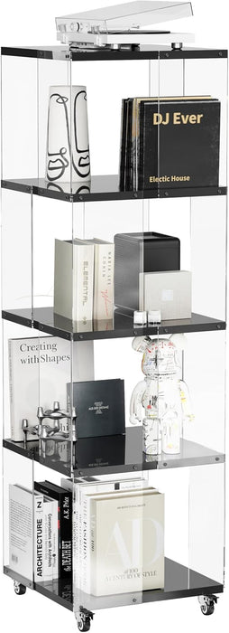 4 Tier Rotating Bookshelf with LED Lights Clear Acrylic Revolving Corner Bookcase on Wheels 360° Spinning Bookshelf Tower for Small Space, Playroom, Study Room, Living Room or Bedroom(Black)