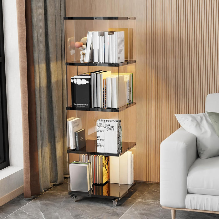 4 Tier Rotating Bookshelf with LED Lights Clear Acrylic Revolving Corner Bookcase on Wheels 360° Spinning Bookshelf Tower for Small Space, Playroom, Study Room, Living Room or Bedroom(Black)