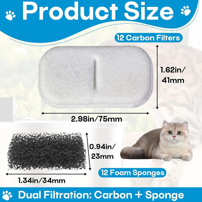12+12 Pcs Cat Water Filters Replacement for 108Oz/3.2L & 67Oz/2L Fountains