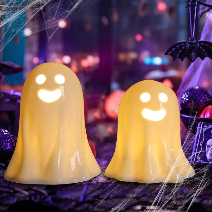 Ceramic Halloween Decor, 2 Pack Light up Ghost Figures Set, Spooky Halloween Indoor Decorations Statue Sculpture for Props Home Tabletop Decorations