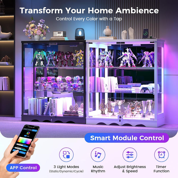 39" Display Cabinet with Glass Doors, RGB Lights, Lock & 3-Tier