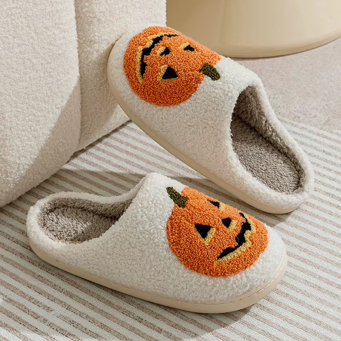 Smile Pumpkin Halloween Women'S Slippers Winter Indoor Cartoon Comfort Home Bedroom Soft Causal Flat Plush Shoes for Gift