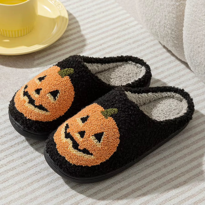 Smile Pumpkin Halloween Women'S Slippers Winter Indoor Cartoon Comfort Home Bedroom Soft Causal Flat Plush Shoes for Gift