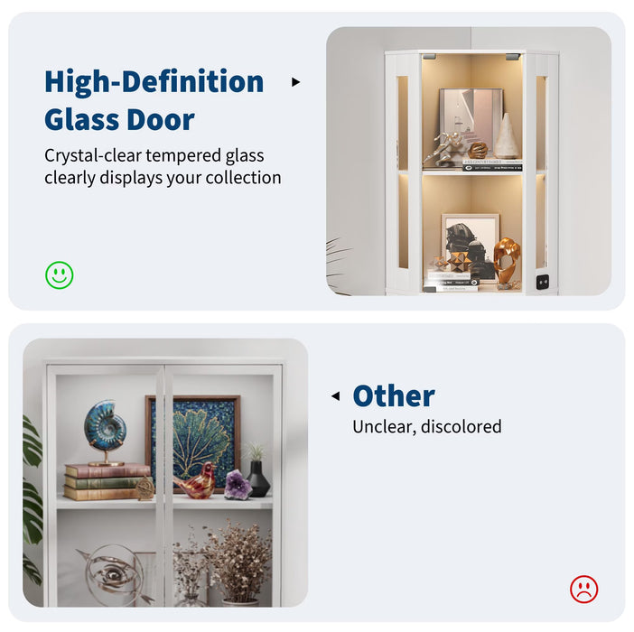 65" Corner Display Cabinet with LED Lights 4 Tier, White, Curio Cabinet with Motion Sensor Lighting & Glass Doors for Collectibles, Easy Assembly Shelves