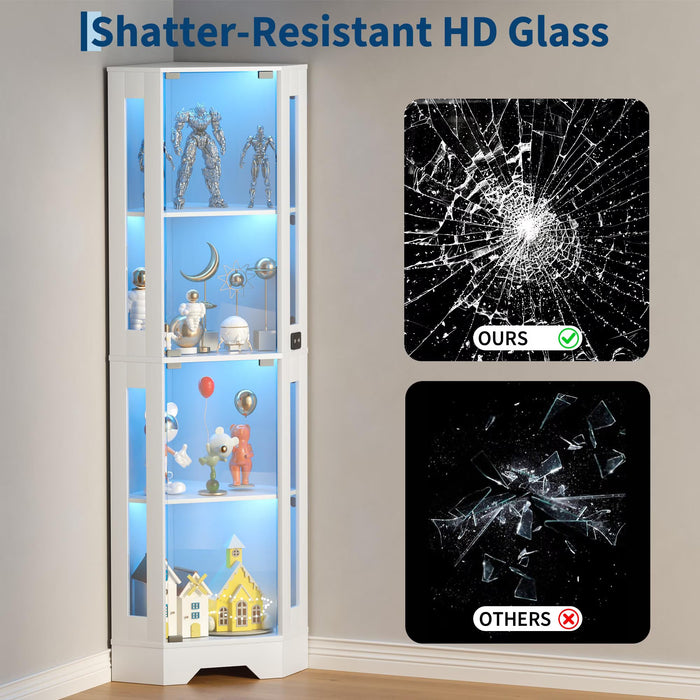 65" Corner Display Cabinet with LED Lights 4 Tier, White, Curio Cabinet with Motion Sensor Lighting & Glass Doors for Collectibles, Easy Assembly Shelves