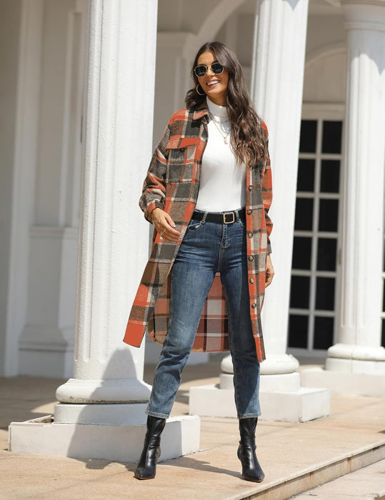 Women Oversized Plaid Shacket Long Fall Flannel Shirt Jacket