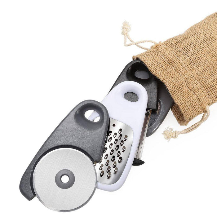 Black & White 5-Piece Pizza Accessory Set with Grater, Peeler, Cutter, Opener & Burlap Bag