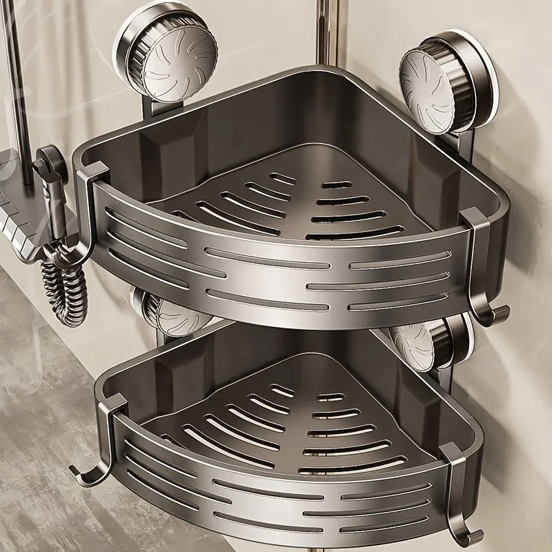 Space Saving Suction Cup Bathroom Rack with Sturdy Triangular Frame and Hook Rod Suitable for Showers and Bathrooms