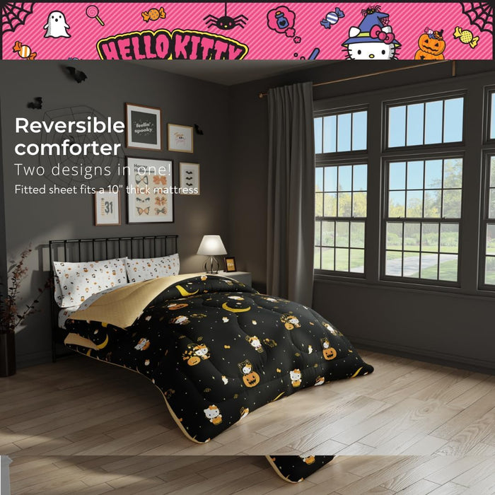 Sanrio Hello Kitty Halloween Pumpkin Queen Bed Set – Super Soft & Cozy 5 Piece Reversible Comforter and Sheet Set (Officially Licensed Product) by